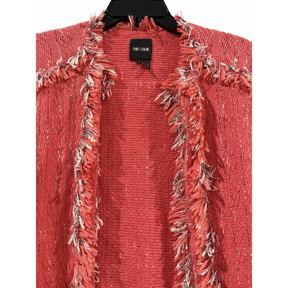 NIC + ZOE Pink Fancy Fringe Open Knit Blazer Women’s Small Tweed-Like - Picture 8 of 15